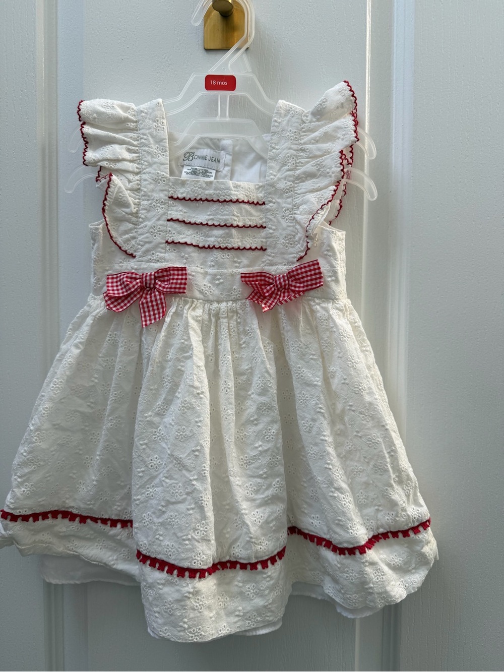 Bonnie Jean White Eyelet Dress with Red Trim and Gingham Bows